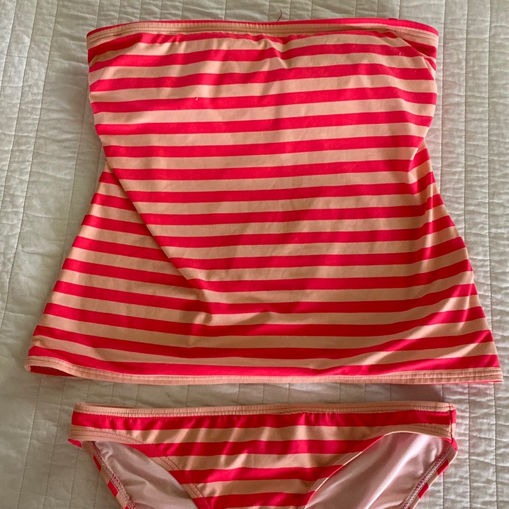 Kate Spade Striped Bandeau Tankini L Matching Bottom M Coral Pink Peekaboo